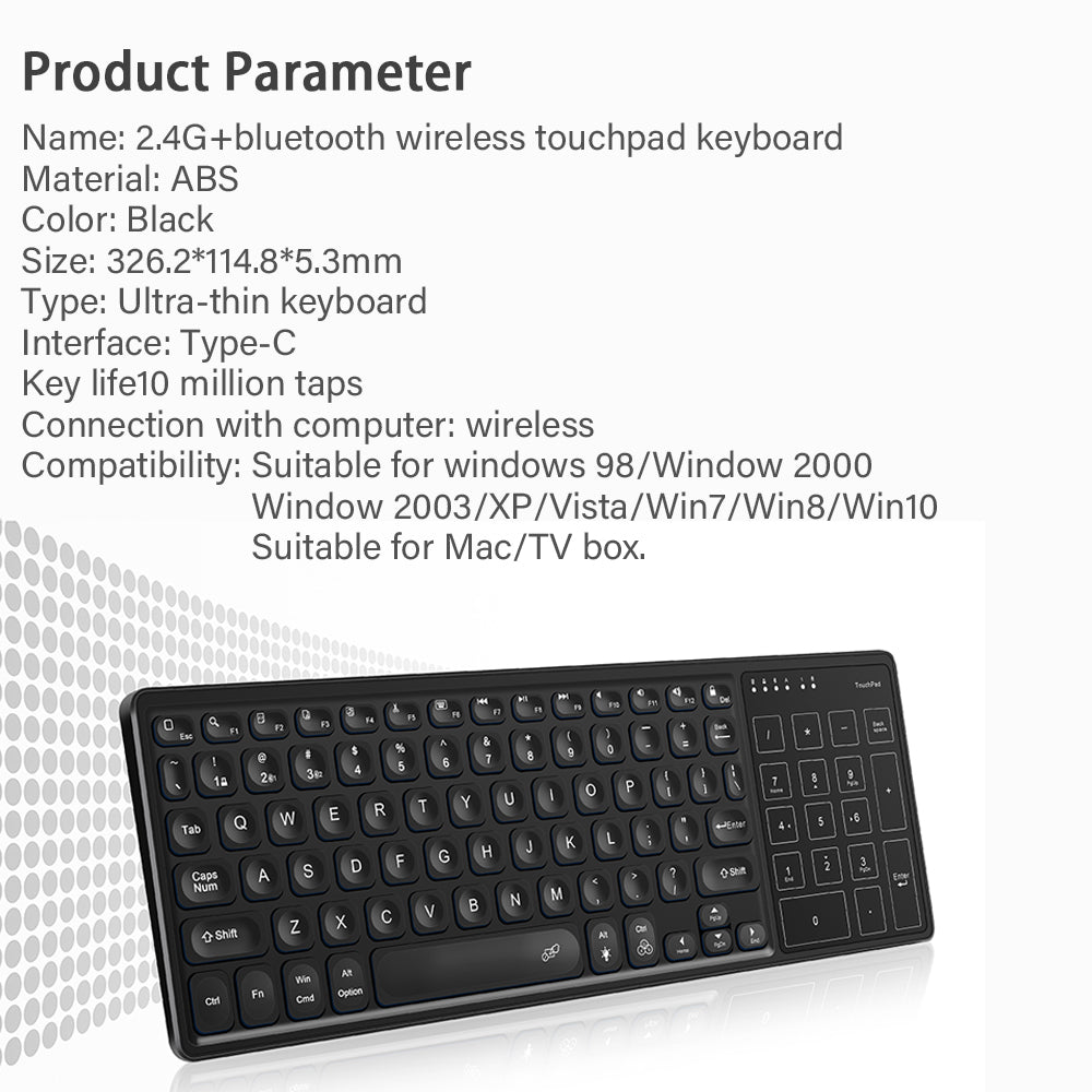 Backlit Wireless Keyboard with Touchpad and Rechargeable Battery