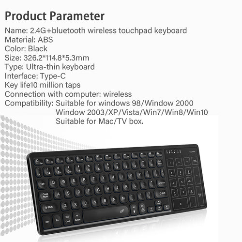 Backlit Wireless Keyboard with Touchpad and Rechargeable Battery
